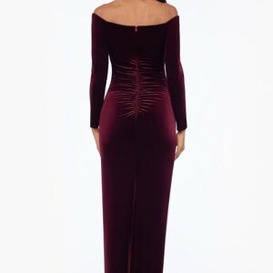 Xscape Red Ruched Off-Shoulder Long Sleeve Cocktail Gown